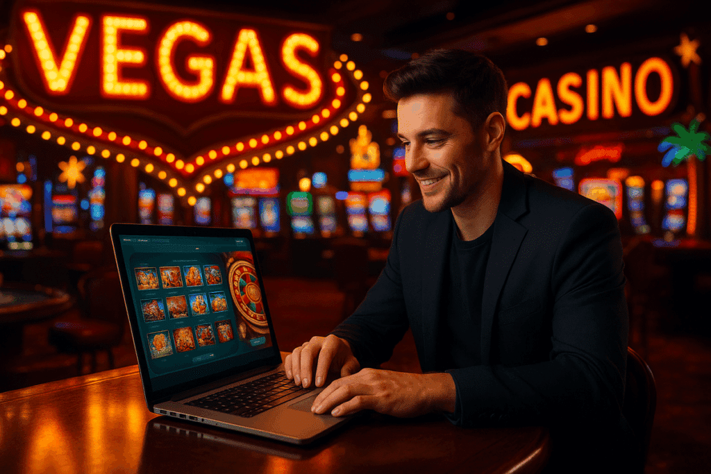 Smiling man playing online casino slots on a laptop inside a vibrant Las Vegas casino, with bright VEGAS CASINO neon lights and slot machines glowing in the background.