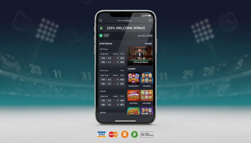 BetNow Casino review hero image showing a secure mobile sportsbook and casino lobby with live odds, a 125% welcome bonus, and Curacao eGaming license.