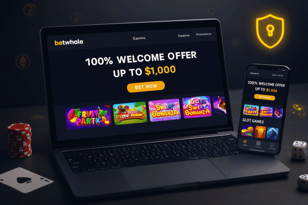 Laptop and smartphone showing BetWhale-style online casino lobby with welcome bonus and game selection
