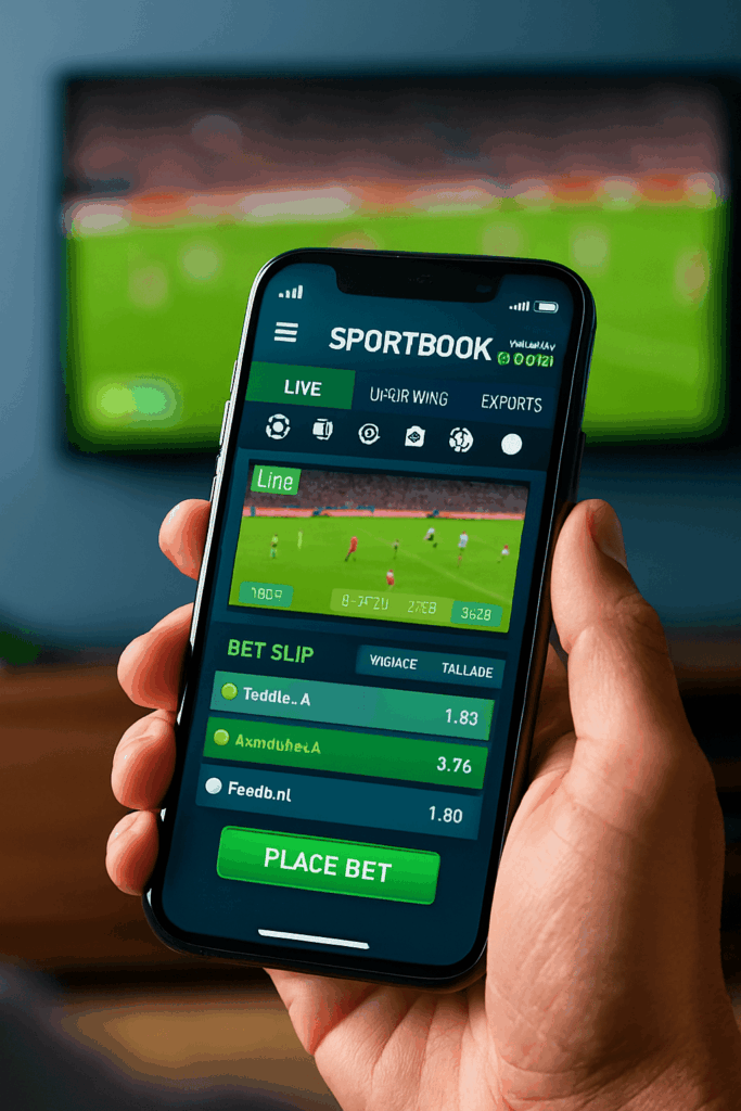 A close-up of a hand holding a smartphone showing a live sportsbook app with dynamic odds, an open bet slip (singles and parlays), sport icons, and a blurred TV match in the background.