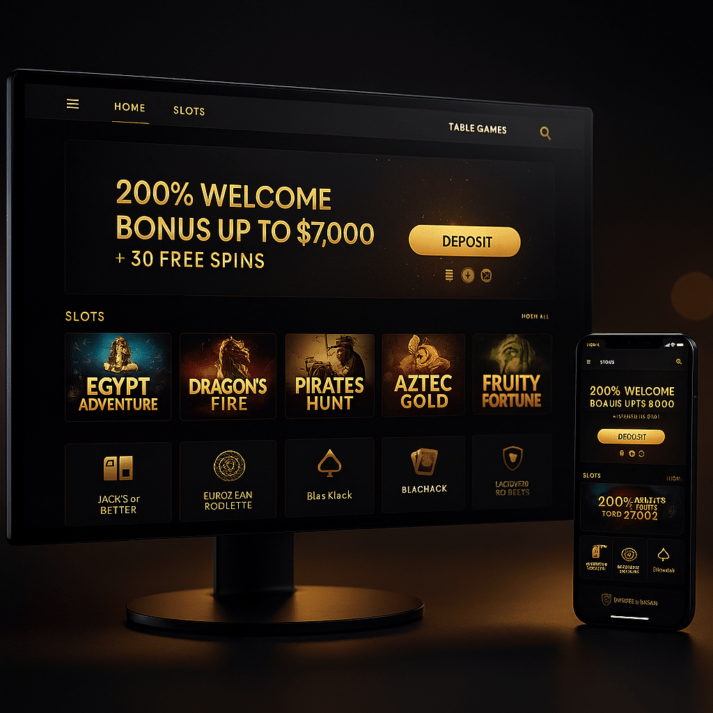 Black Lotus Casino review 2025 hero showing desktop and mobile gameplay with 200% welcome bonus up to $7,000 + 30 free spins and crypto-friendly banking.