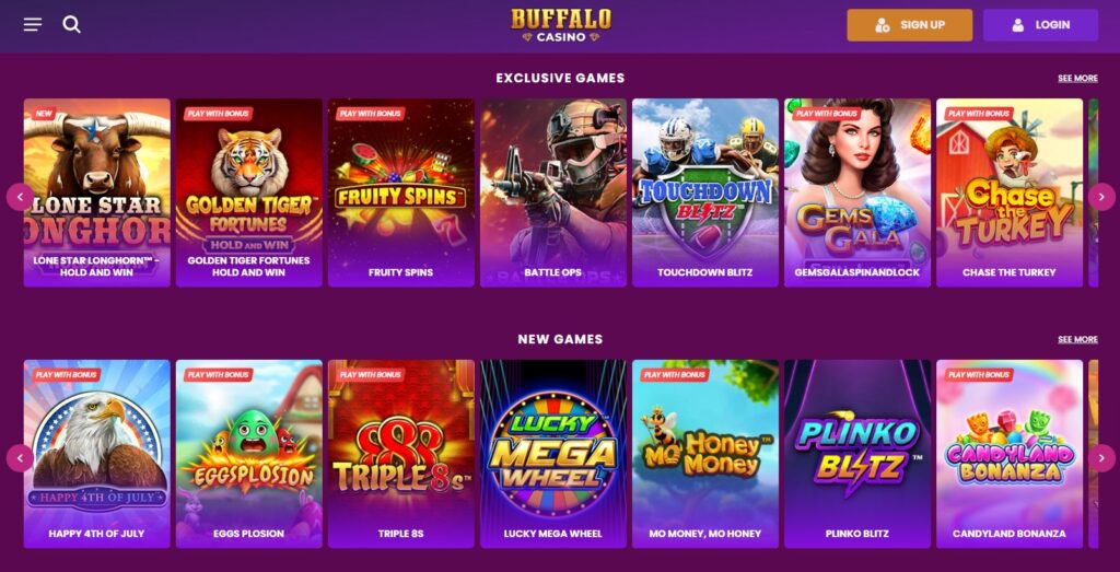 Full-screen view of Buffalo Casino’s web interface: purple background, grid of colorful game tiles under headings Exclusive Games and New Games, game labels like NEW and PLAY WITH BONUS, examples include Lone Star Longhorn, Golden Tiger Fortunes, Plinko Blitz and Candyland Bonanza, and top-right Sign Up and Login controls.