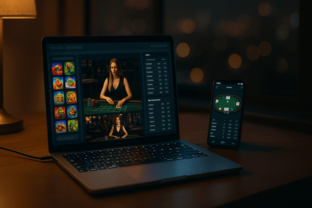 All-in-one Decode Casino 2025 dashboard across slots, sportsbook, and poker on laptop and phone.