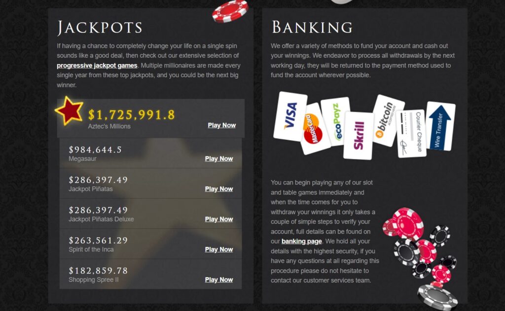 Promotional online casino graphic showing progressive jackpots and banking options, listing top jackpots with dollar amounts and payment methods like Visa, MasterCard, Skrill, ecoPayz, Bitcoin, cheque, and wire transfer.