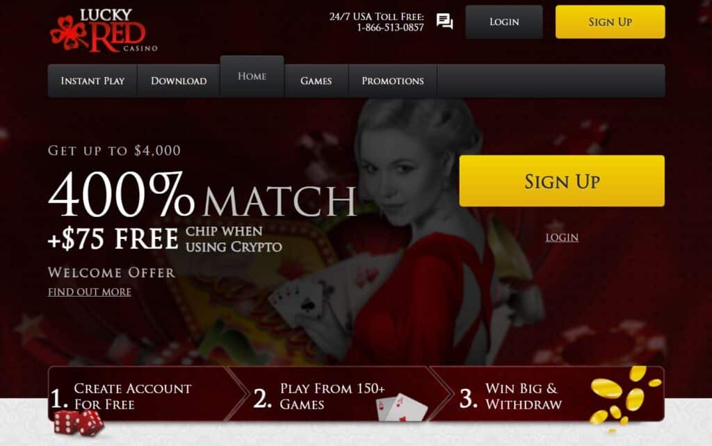 Lucky Red Casino promotional banner featuring a woman in red holding playing cards, dice and poker chips; 400% match welcome offer up to $4,000