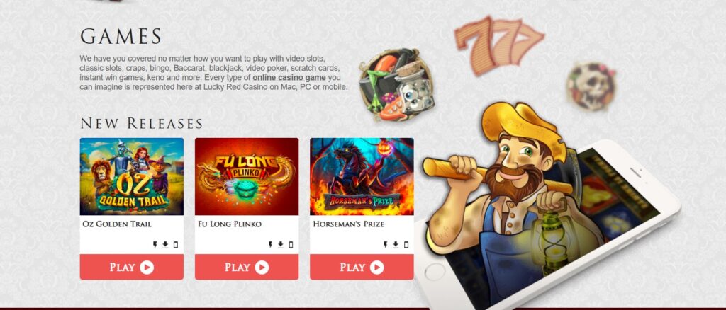 Lucky Red Casino promotional webpage showing game categories and three new releases (OZ GOLDEN TRAIL, FU LONG PLINKO, HORSEMAN'S PRIZE) with a miner mascot emerging from a smartphone, play buttons, poker chips, cards, and a 777 slot icon.