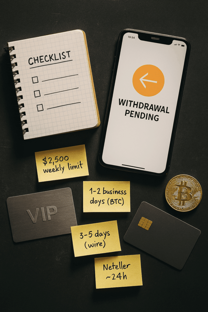 Banking options with VIP card, Bitcoin prop, and notes listing Raging Bull Casino withdrawal speeds and limits.