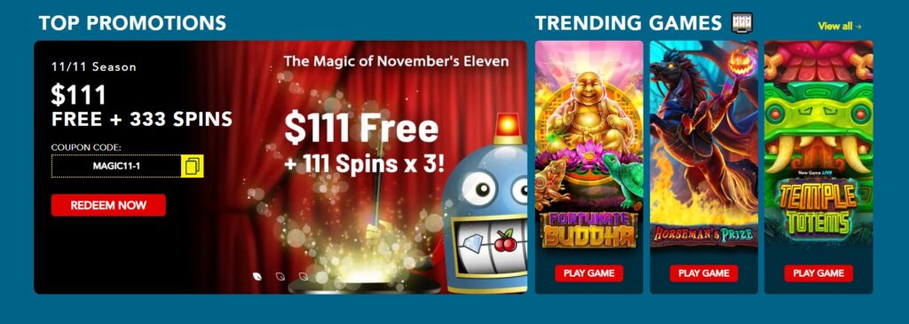 Left panel: bold header “TOP PROMOTIONS,” 11/11 Season offer graphic advertising $111 FREE + 333 SPINS, coupon code MAGIC11-1, red REDEEM NOW button, magician’s hand with wand and a cartoon slot machine character.Right panel: header “TRENDING GAMES” with a View all link and three game tiles — FORTUNATE BUDDHA (golden Buddha), HORSEMAN’S PRIZE (headless horseman with flaming pumpkin), TEMPLE TOTEMS (green totem face) — each tile includes a red PLAY GAME button and one marked “New Game LIVE.”
