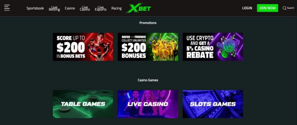 Screenshot of XBET online betting site with top navigation (Sportsbook, Live Betting, Casino, Live Casino, Live Esports, Racing), account actions (Log in, Join now), three promotional banners (up to $200 bonus bets; refer-a-friend $200 bonuses; 5% crypto casino rebate) and three casino category tiles (Table Games with chips and cards; Live Casino with dealers; Slots with a slot machine).
