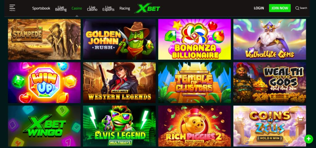 XBET casino and sportsbook banner showing navigation tabs and three promos for a $500 deposit bonus, $370K live jackpot, and daily jackpots.